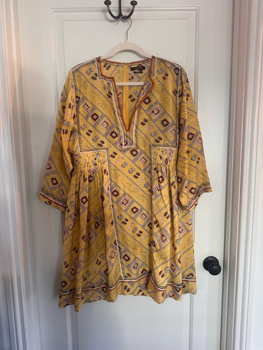 Isabel Marant Yellow Printed V-Neck Tunic with Rust Trim